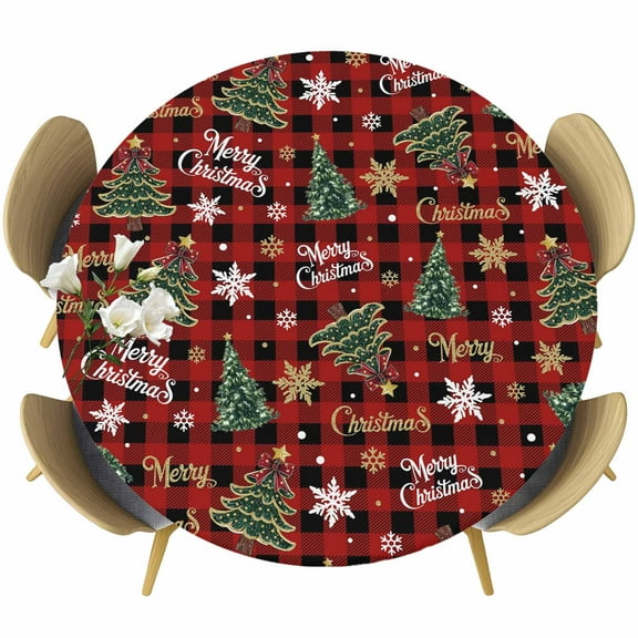 Round Table Cover 55-60 Inch Christmas Waterproof Reusable Table Cloth Round Fitted Vinyl Tablecloth with Elastic Edged for Parties Outdoors, Pine Tree Gold White Snowflake Red Black Plaid
