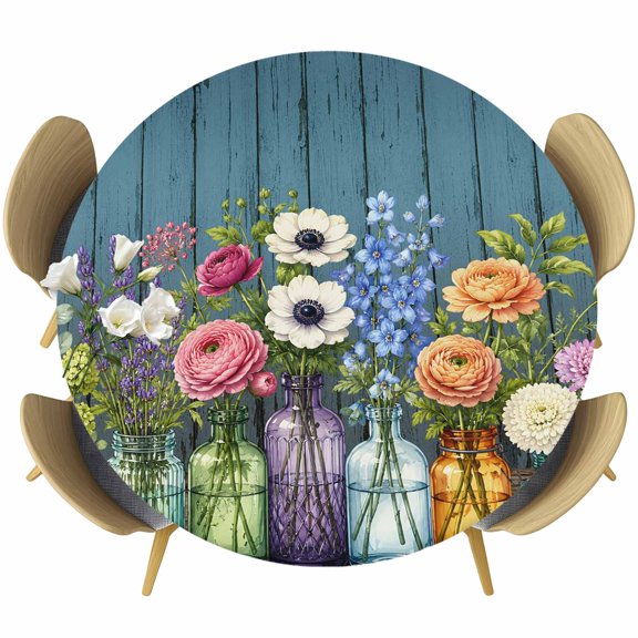 Round Table Cover 55-60 Inch Flowers Waterproof Reusable Table Cloth Round Fitted Vinyl Tablecloth with Elastic Edged for Parties Outdoors, Botanical Blossom Floral Vase Blue Wood Plank