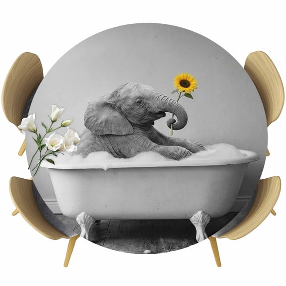 Round Table Cover 55-60 Inch Funny Elephants Waterproof Reusable Table Cloth Round Fitted Vinyl Tablecloth with Elastic Edged for Parties Outdoors, Cute Art Vintage Lovely Animals on Bathtub