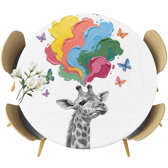 Round Table Cover 55-60 Inch Funny Giraffes Waterproof Reusable Table Cloth Round Fitted Vinyl Tablecloth with Elastic Edged for Parties Outdoors, Modern Abstract Art Colorful Clouds
