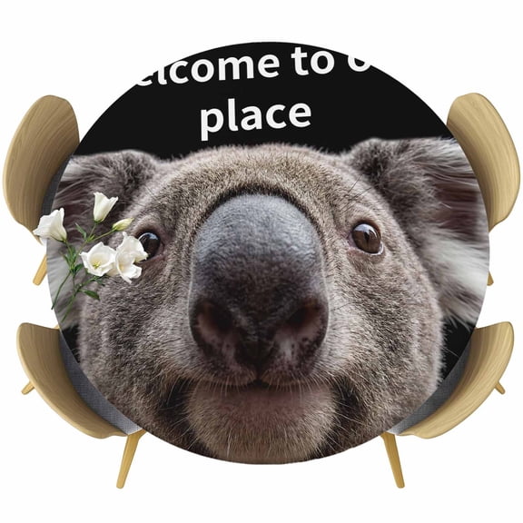 Round Table Cover 55-60 Inch Funny Koala Waterproof Reusable Table Cloth Round Fitted Vinyl Tablecloth with Elastic Edged for Parties Outdoors, Welcome To OUR Place Modern Retro