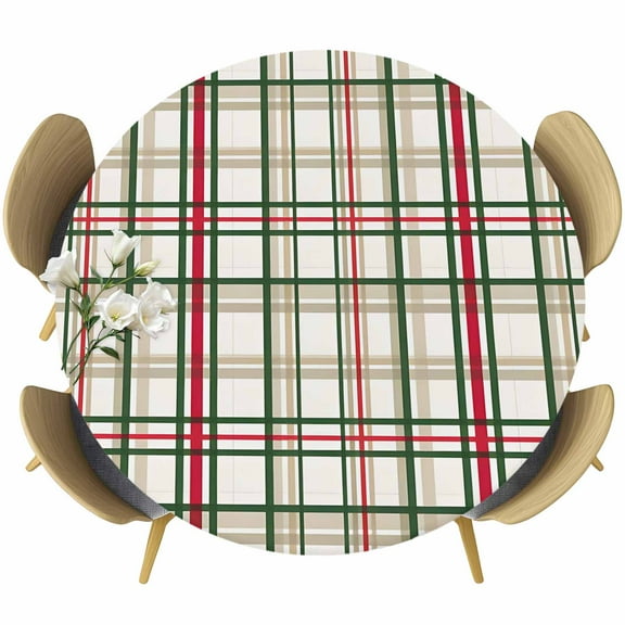 Round Table Cover 55-60 Inch Green Red Plaid Christmas Waterproof Reusable Table Cloth Round Fitted Vinyl Tablecloth with Elastic Edged for Parties Outdoors, Xmas Checkered Buffalo