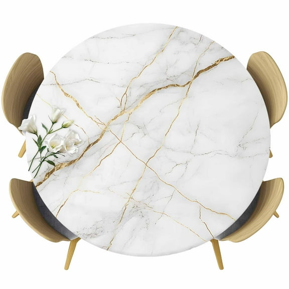 Round Table Cover 55-60 Inch Marble Waterproof Reusable Table Cloth Round Fitted Vinyl Tablecloth with Elastic Edged for Parties Outdoors, Grey Golden Crack Minimalistic Abstract