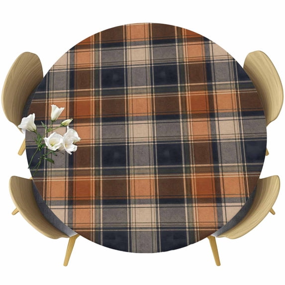Round Table Cover 55-60 Inch Orange Blue Plaid Waterproof Reusable Table Cloth Round Fitted Vinyl Tablecloth with Elastic Edged for Parties Outdoors, Farmhouse Checkered Buffalo Fall