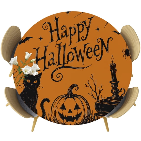 Round Table Cover 55-60 Inch Orange Halloween Waterproof Reusable Table Cloth Round Fitted Vinyl Tablecloth with Elastic Edged for Parties Outdoors, Horror Pumpkin Cat Bat Books Candle