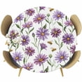 thumbnail image 1 of Round Table Cover 55-60 Inch Purple Spring Floral Waterproof Reusable Table Cloth Round Fitted Vinyl Tablecloth with Elastic Edged for Parties Outdoors, Summer Botanical Bee Floral Daisy, 1 of 6