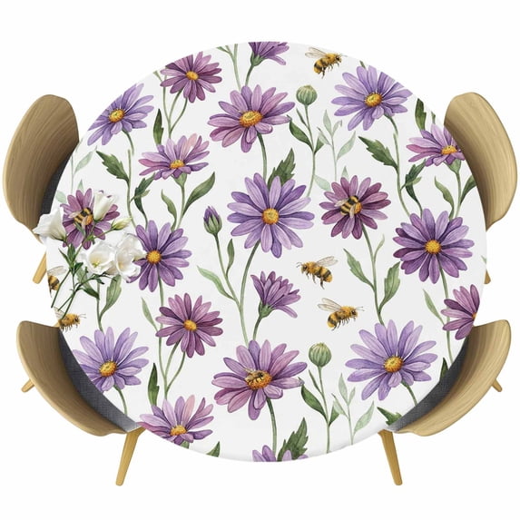 Round Table Cover 55-60 Inch Purple Spring Floral Waterproof Reusable Table Cloth Round Fitted Vinyl Tablecloth with Elastic Edged for Parties Outdoors, Summer Botanical Bee Floral Daisy