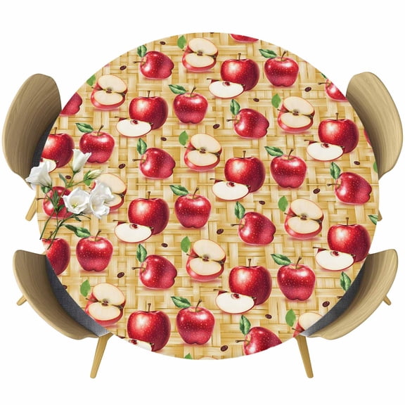 Round Table Cover 55-60 Inch Red Apples Waterproof Reusable Table Cloth Round Fitted Vinyl Tablecloth with Elastic Edged for Parties Outdoors, Yellow Weave Fruits Country Rustic