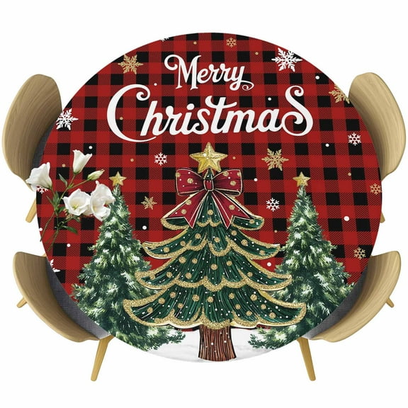 Round Table Cover 55-60 Inch Red Plaid Christmas Tree Waterproof Reusable Table Cloth Round Fitted Vinyl Tablecloth with Elastic Edged for Parties Outdoors, Snowflake Tree Xmas