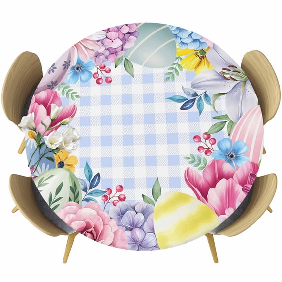 Round Table Cover 55-60 Inch Spring Easter Waterproof Reusable Table Cloth Round Fitted Vinyl Tablecloth with Elastic Edged for Parties Outdoors, Watercolor Flower Eggs Berry Leaf Blue Plaid