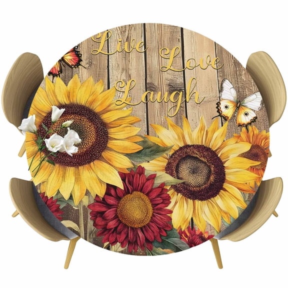 Round Table Cover 55-60 Inch Sunflower Brown Wooden Waterproof Reusable Table Cloth Round Fitted Vinyl Tablecloth with Elastic Edged for Parties Outdoors, Vintage Flowers Butterfly
