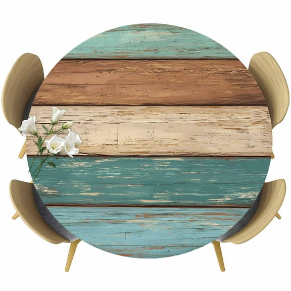 Round Table Cover 55-60 Inch Teal Turquoise Waterproof Reusable Table Cloth Round Fitted Vinyl Tablecloth with Elastic Edged for Parties Outdoors, Retro Farmhouse Wood Grain Brown