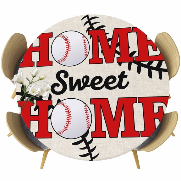 Round Table Cover 55-60 Inch White Red Baseball Waterproof Reusable Table Cloth Round Fitted Vinyl Tablecloth with Elastic Edged for Parties Outdoors, Modern Art Funny Words