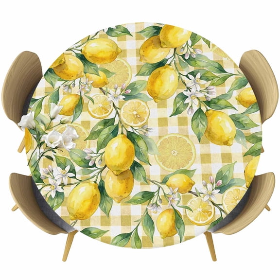 Round Table Cover 55-60 Inch Yellow Lemons Waterproof Reusable Table Cloth Round Fitted Vinyl Tablecloth with Elastic Edged for Parties Outdoors, Summer Botanical Checkered Pastoral