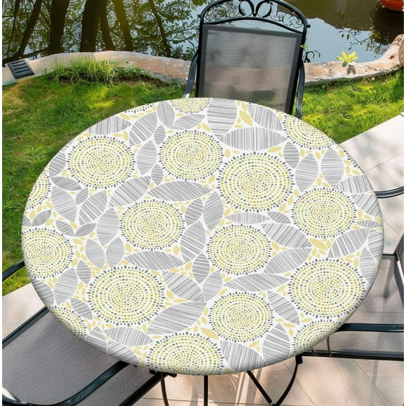 Round Table Cover for Round Tables 36"-70", Fitted Tablecloth with Elastic for Indoor Outdoor Party Holiday, 44inch, Leaves Collage