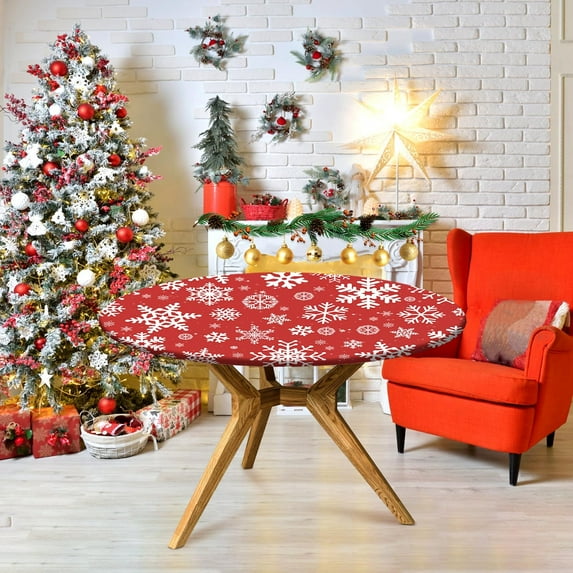 Round Table Cover for Round Tables 36"-70", Fitted Tablecloth with Elastic for Indoor Outdoor Party Holiday, 52inch, Christmas Snow