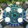 thumbnail image 1 of Round Table Cover for Round Tables 36"-70", Fitted Tablecloth with Elastic for Indoor Outdoor Party Holiday, 52inch, Mandala in Blue and Green, 1 of 6