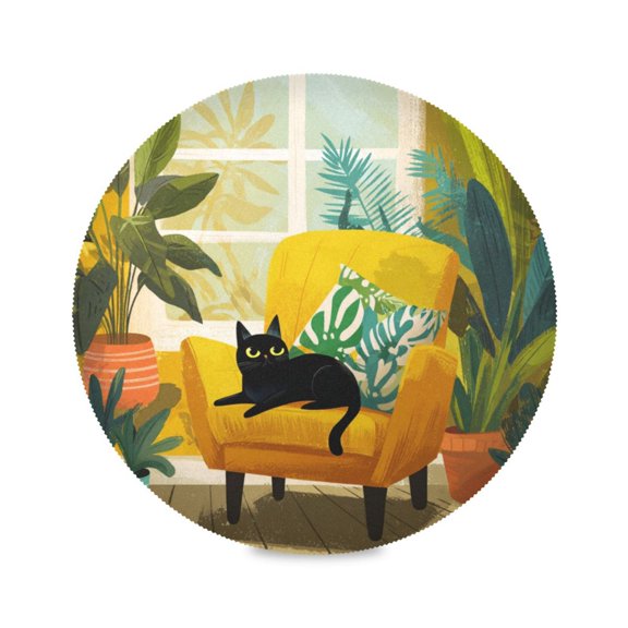 Round Table Placemat Heat Resistant Non-Slip Dining Plate Mats Set of 1 for Kitchen Table Black Cat Lounging