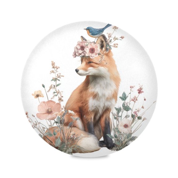 Round Table Placemat Heat Resistant Non-Slip Dining Plate Mats Set of 1 for Kitchen Table Fox with A Bird
