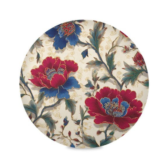 Round Table Placemat Heat Resistant Non-Slip Dining Plate Mats Set of 1 for Kitchen Table Red and Indigo Blue Flowers