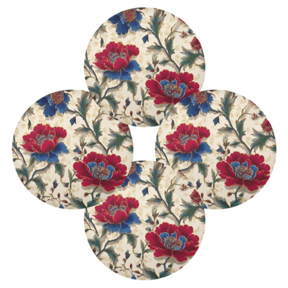 Round Table Placemat Heat Resistant Non-Slip Dining Plate Mats Set of 4 for Kitchen Table Red and Indigo Blue Flowers