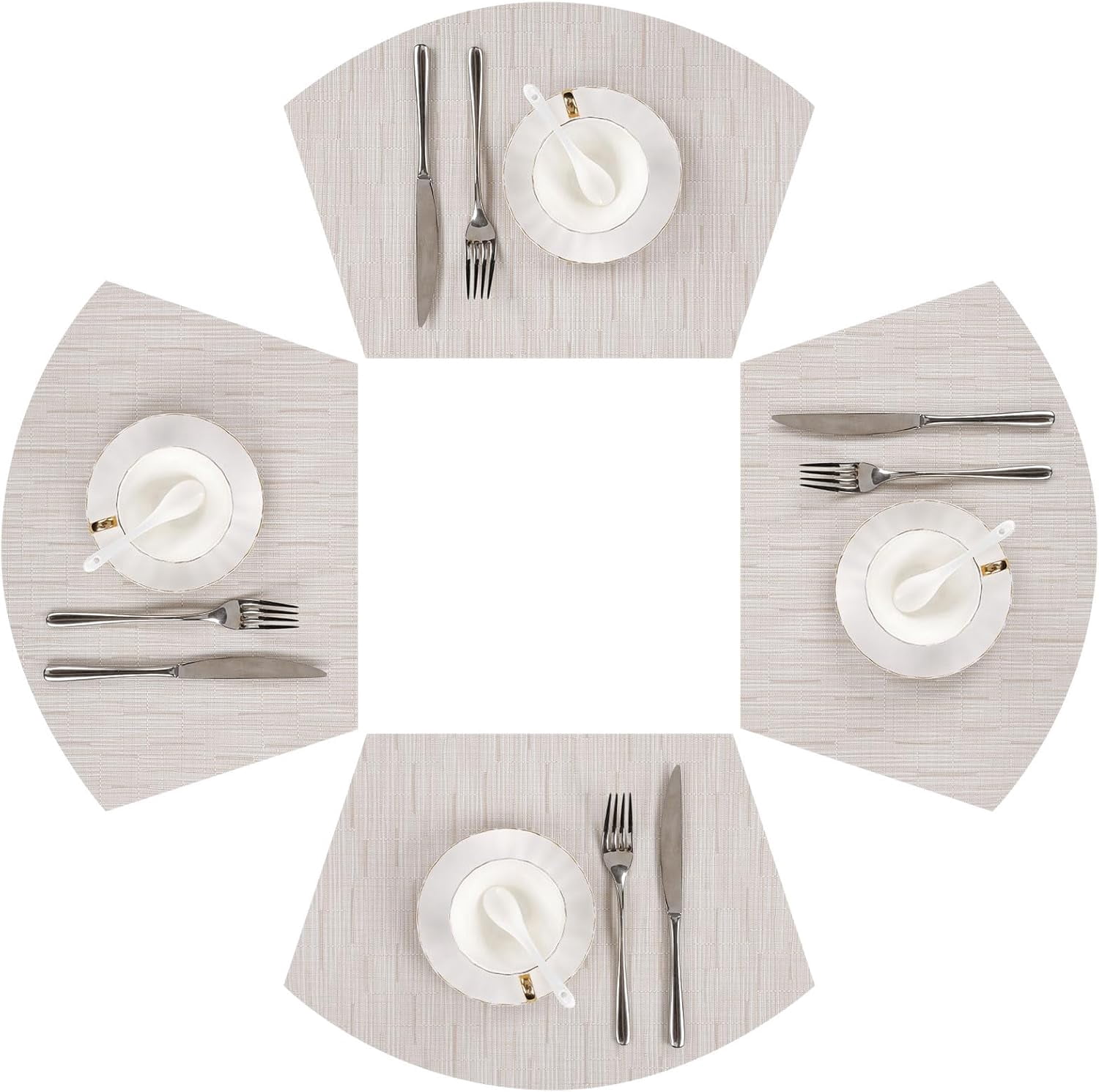 Round Table Placemats Set of 4 Wedge Shape Placemat Woven Vinyl Place Mats Heat Resistant Wipe Clean Dining Table Mats Home Table Decor (4, Tan)