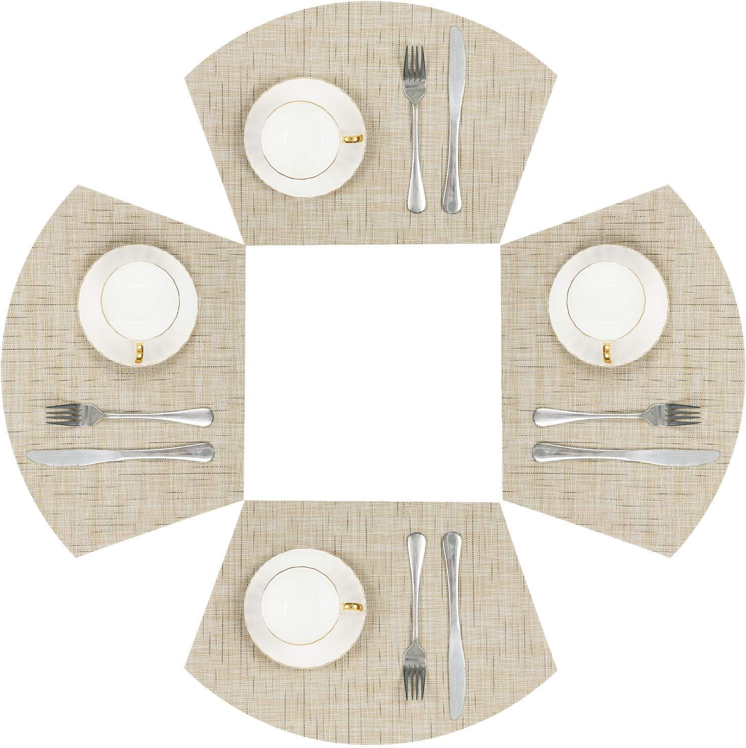 Round Table Placemats Set of 4 Wedge Shape Placemat Woven Vinyl Place Mats Heat Resistant Wipe Clean Dining Table Mats Home Table Decor (4, Tan)