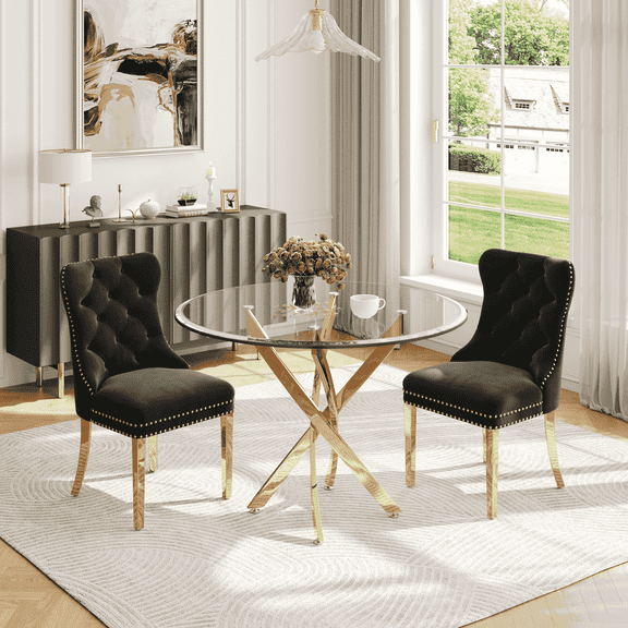 Round Table Set for 2, 36" Tempered Glass Gold Legs Dining Table with Dining Chairs for Dining Room, Kitchen, Meeting Room
