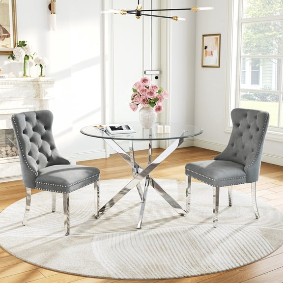 Round Table Set for 2, 36" Tempered Glass Gold Legs Dining Table with Dining Chairs for Dining Room, Kitchen, Meeting Room