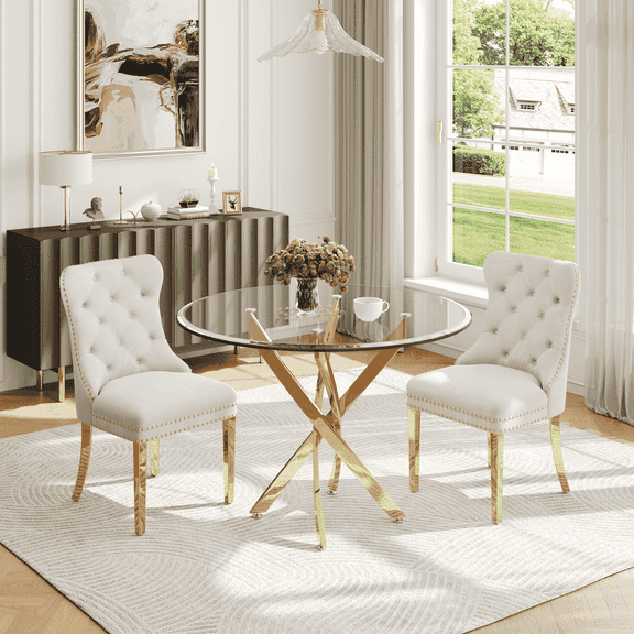 Round Table Set for 2, 36" Tempered Glass Gold Legs Dining Table with Dining Chairs for Dining Room, Kitchen, Meeting Room