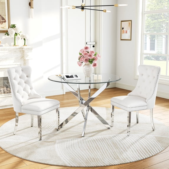 Round Table Set for 2, 36" Tempered Glass Gold Legs Dining Table with Dining Chairs for Dining Room, Kitchen, Meeting Room