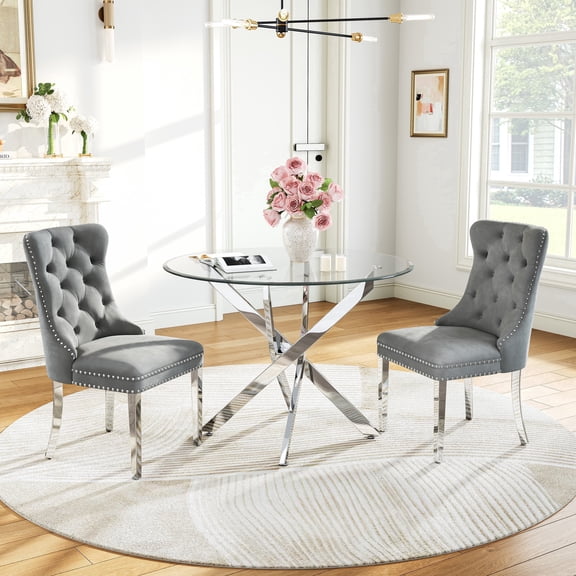 36" Round Tempered Glass Dining Table Set for 2, Stainless Steel Cross-Leg Base, 2 Tufted Velvet Chairs, for Kitchen, Apartment