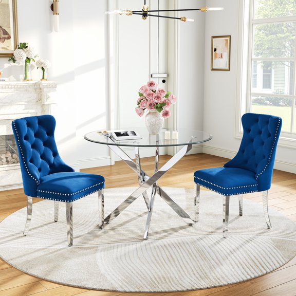 Round Table Set for 2, 36" Tempered Glass Gold Legs Dining Table with Dining Chairs for Dining Room, Kitchen, Meeting Room