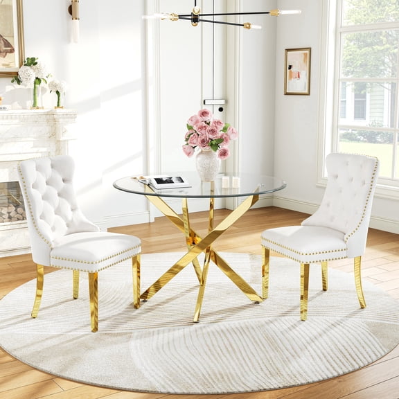 3-Piece Round Dining Table Set for 2, 36" Glass Top with Nailhead Trim Velvet Chairs, for Restaurant, Kitchen, Apartment