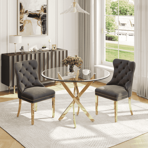 3-Piece Round Dining Table Set for 2, Dining Room Table Set with 36" Glass Table & 4 Nailhead Trim Velvet Chairs, Restaurant/Kitchen Party/Apartment