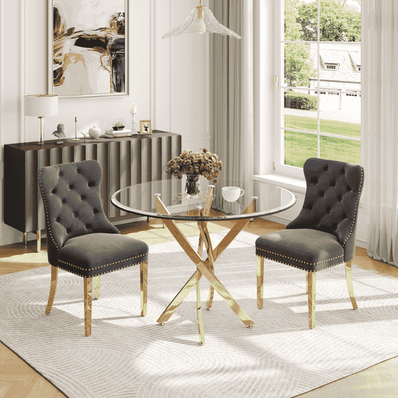 3-Piece Round Dining Table Set for 2, Dining Room Table Set with 36" Glass Table & 4 Nailhead Trim Velvet Chairs, Restaurant/Kitchen Party/Apartment