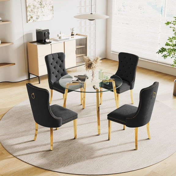 Round Table Set for 2, 42" Tempered Glass Gold/Silver Legs Dining Table with High Back Velvet Dining Chairs for Dining Room/Kitchen/Living Room