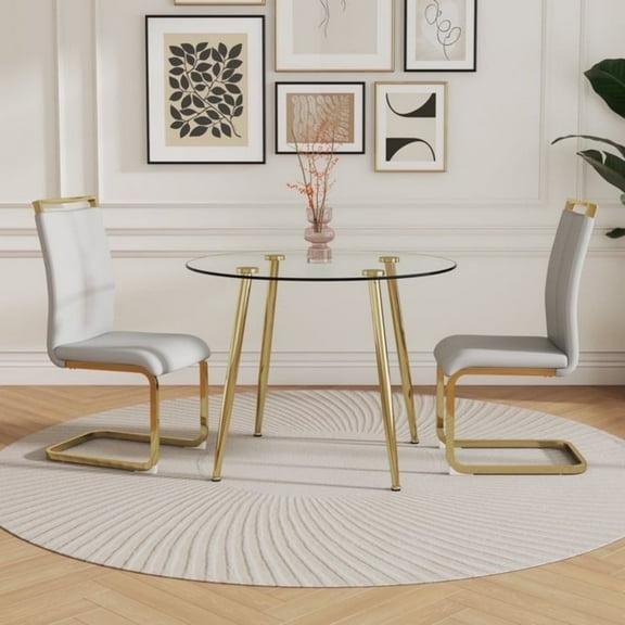 Sudica Round Dining Table Set for 2, 40in Tempered Glass & Grey PU Chairs, Gold Legs