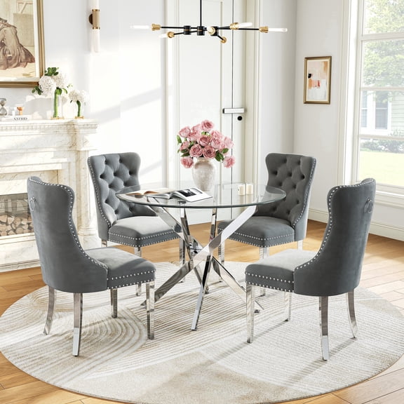 5-Piece Round Dining Table Set for 4, 36" Tempered Glass Top, Stainless Steel Legs, Tufted Velvet Chairs for Apartment, Kitchen