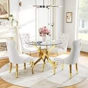5-Piece Round Dining Table Set for 4, 36" Tempered Glass Top, Stainless Steel Legs, Tufted Velvet Chairs for Apartment, Kitchen