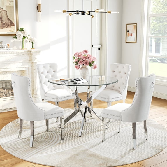 Round Table Set for 4, 36" Tempered Glass Gold Legs Dining Table with Dining Chairs for Dining Room, Kitchen, Meeting Room