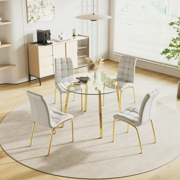 Round Table Set for 4, 42" Tempered Glass Metal Legs Dining Table with 4 PU Dining Chairs for Dining Room/Kitchen/Living Room