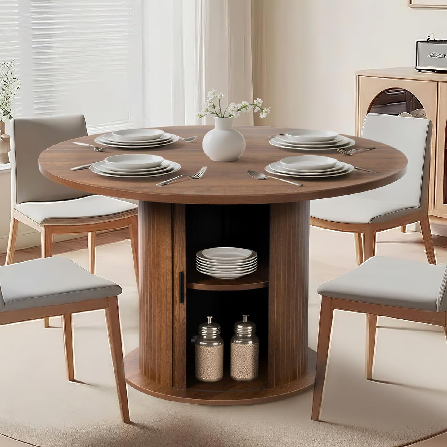 Round Table with Storage,47"Modern Storage Kitchen Dining Table for 4-6 ...
