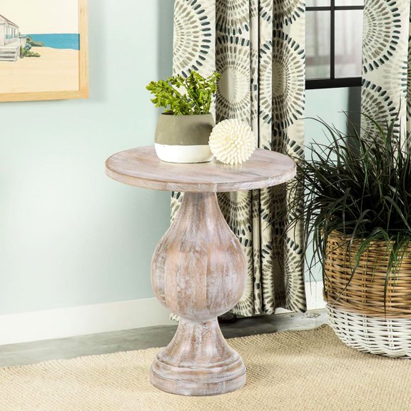 Round Table with White Washed Pedestal in Farmhouse Style | Enhance Aesthetics in Living Rooms | Mango Wood Material | Overcome the Problem of Lack of Rustic Charm