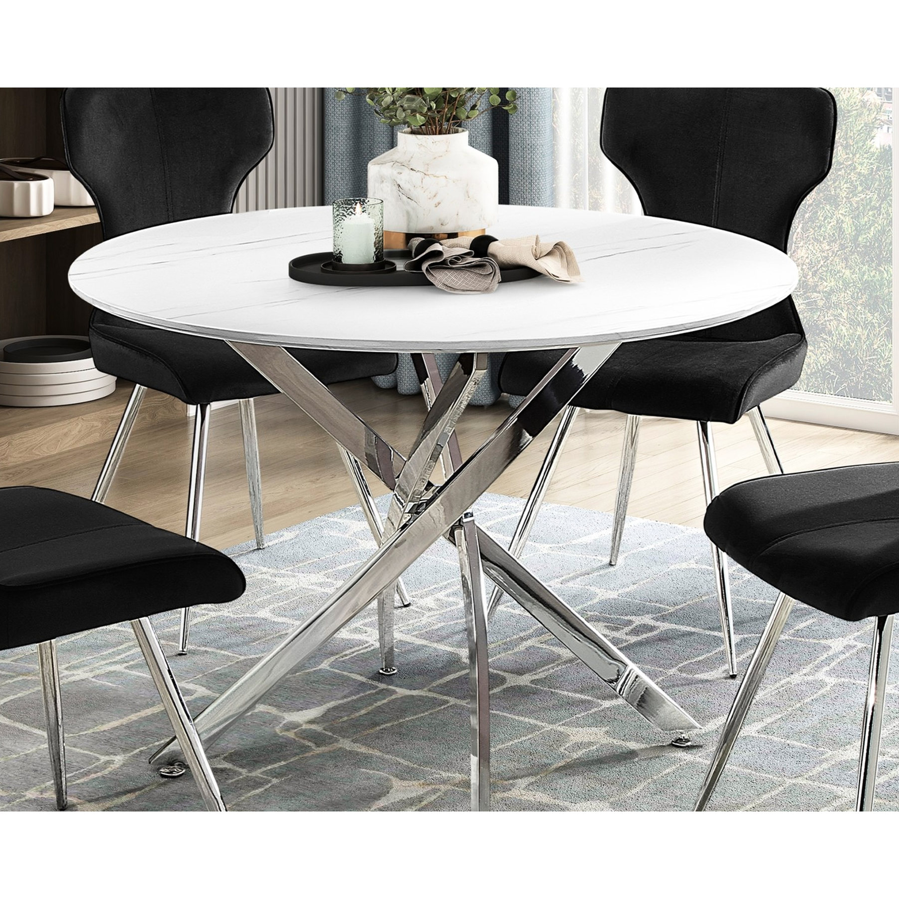 Samaple Table Guest Round Table with Chrome Metal Legs / In Dining Room Use / Can Seat 4 ...