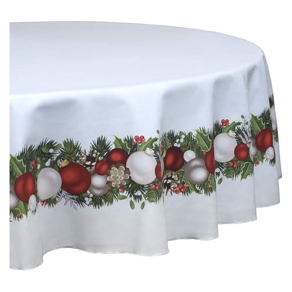 Round Tablecloth, 100% Polyester, Machine Washable, 90" Round, Christmas Border