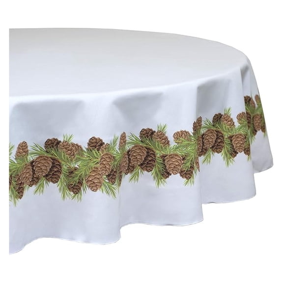 Round Tablecloth, 100% Polyester, Machine Washable, 90" Round, Natural Pinecones Border