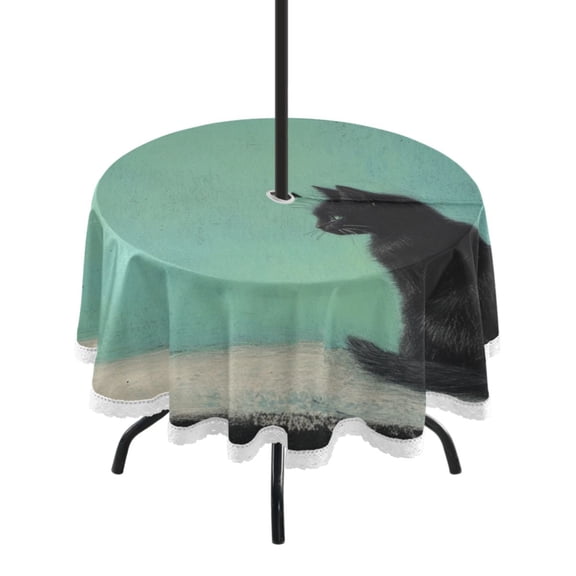 Round Tablecloth 60*60 Inches Round Tablecloth Outdoor Style Tablecloth With Umbrella Holes Tablecloth Outdoor Suitable For Kitchens and Dining Rooms Black Cartoon Cat
