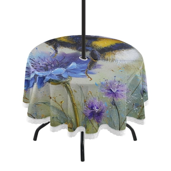 Round Tablecloth 60*60 Inches Round Tablecloth Outdoor Style Tablecloth With Umbrella Holes Tablecloth Outdoor Suitable For Kitchens and Dining Rooms Bumblebee on Flowers