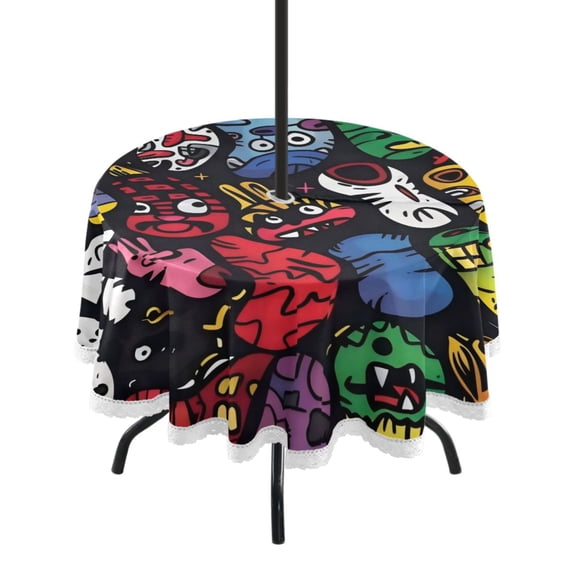 Round Tablecloth 60*60 Inches Round Tablecloth Outdoor Style Tablecloth With Umbrella Holes Tablecloth Outdoor Suitable For Kitchens and Dining Rooms Cartoon Monster
